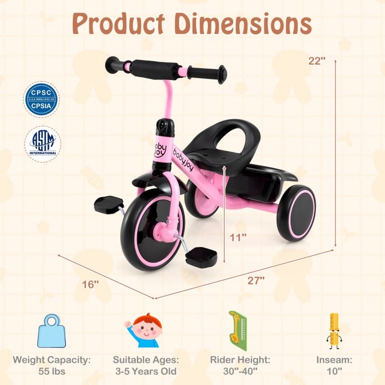 Dimensions chart for the pink toddler tricycle, showing adjustable seat height, weight capacity, and recommended age.