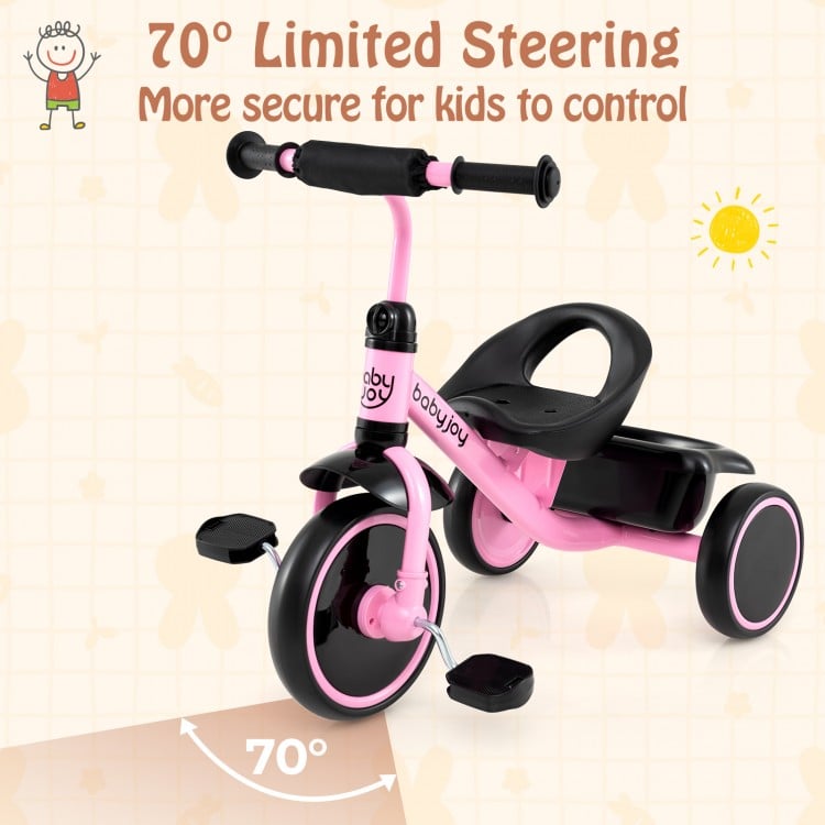 Toddler tricycle in pink with adjustable seat, 70° limited steering, and rear storage basket for kids aged 3-5 years.