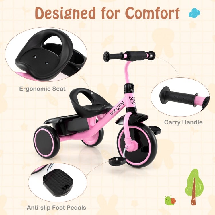Toddler tricycle in pink with adjustable seat, ergonomic design, and rear storage basket for kids aged 3-5 years.