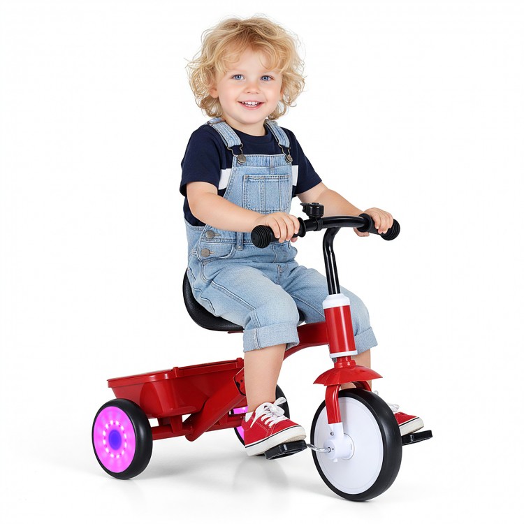 Toddler tricycle with glowing wheels, adjustable seat, and rear storage bin for fun indoor and outdoor playtime.