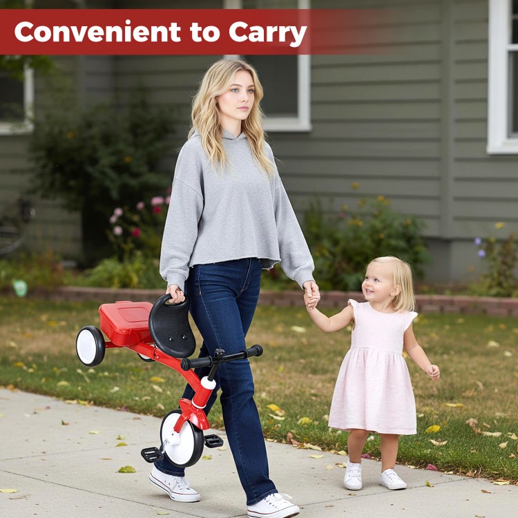 Toddler tricycle with glowing wheels, adjustable seat, and convenient carrying design for indoor and outdoor playtime.
