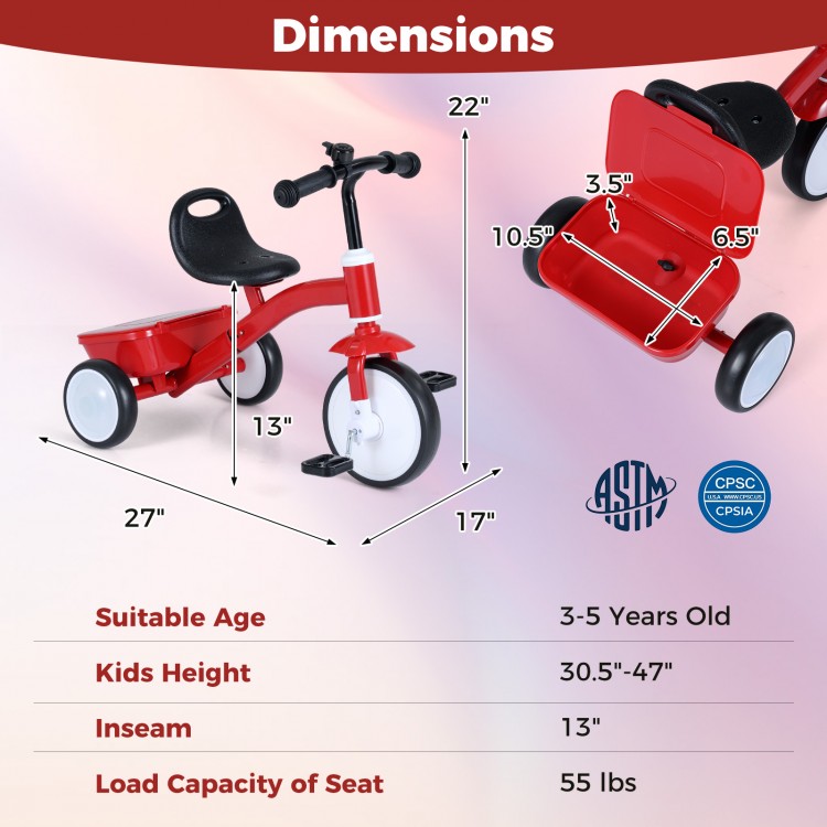 Toddler tricycle with glowing wheels, adjustable seat, and rear storage bin for indoor and outdoor play.