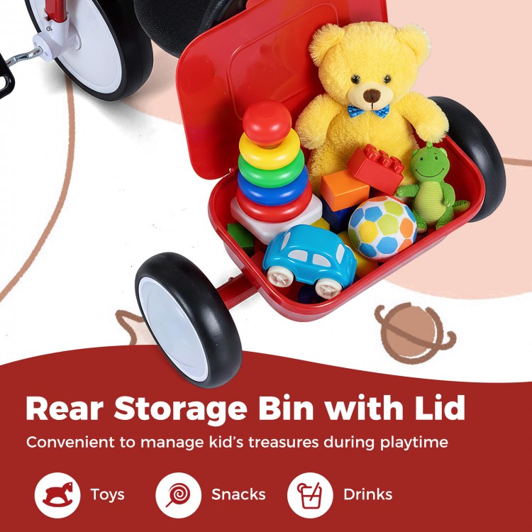 Rear storage bin with lid on a toddler tricycle, ideal for toys and snacks during playtime adventures.