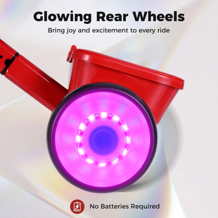 Glowing rear wheel of a toddler tricycle, featuring a robust metal frame and adjustable seat for maximum comfort.