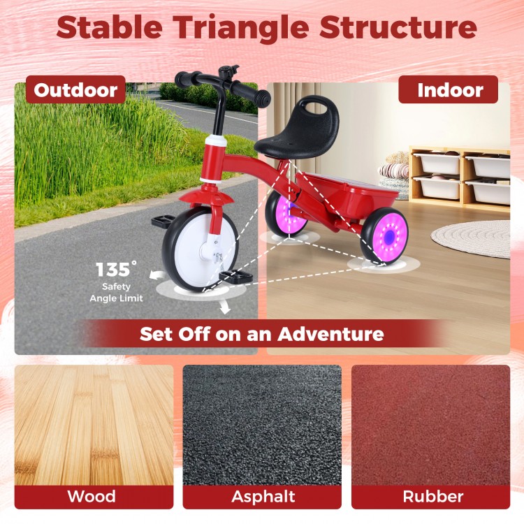 Toddler tricycle with glowing wheels, adjustable seat, and stable triangle structure for indoor and outdoor adventures.