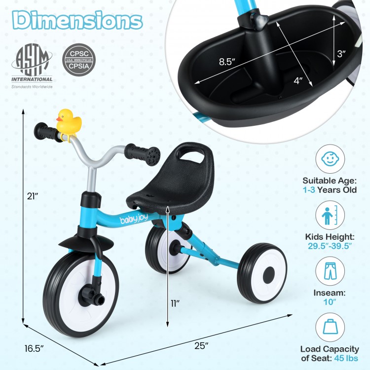 Toddler tricycle in blue with a storage basket, adjustable seat, and glowing wheels for kids aged 1-3 years.