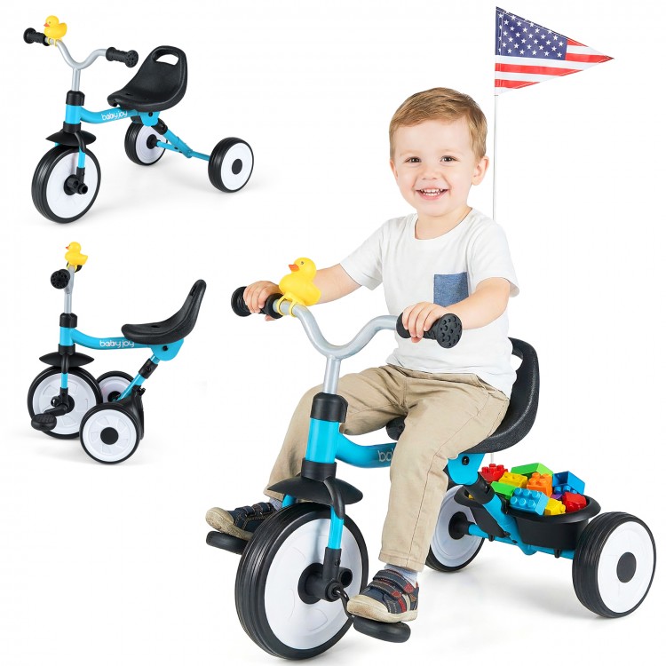 Toddler tricycle in blue with glowing wheels, adjustable seat, and storage basket, perfect for indoor and outdoor fun.