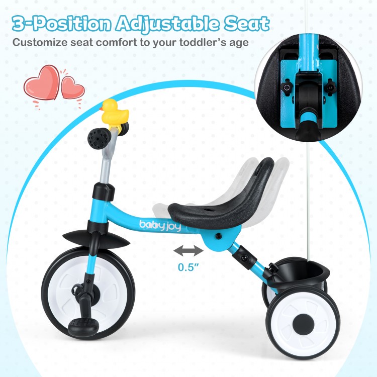 Toddler tricycle in blue with a 3-position adjustable seat and storage basket, designed for safety and comfort.