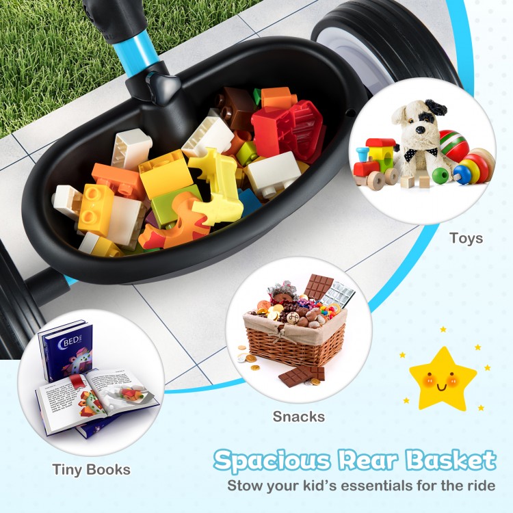 Spacious rear basket filled with toys and snacks, designed for the Toddler Tricycle with glowing wheels and adjustable.