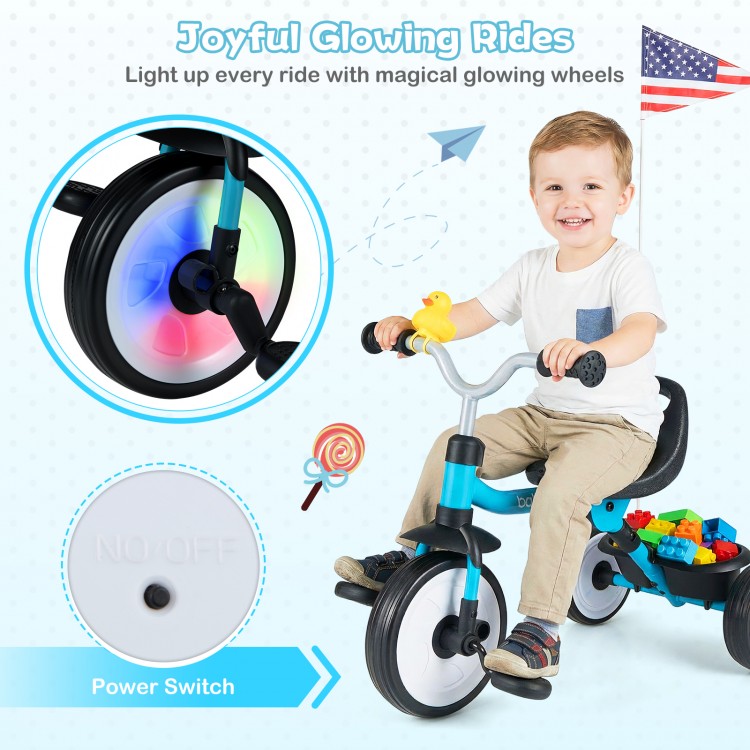 Toddler tricycle in blue with glowing wheels, adjustable seat, and storage basket for fun and safe rides.
