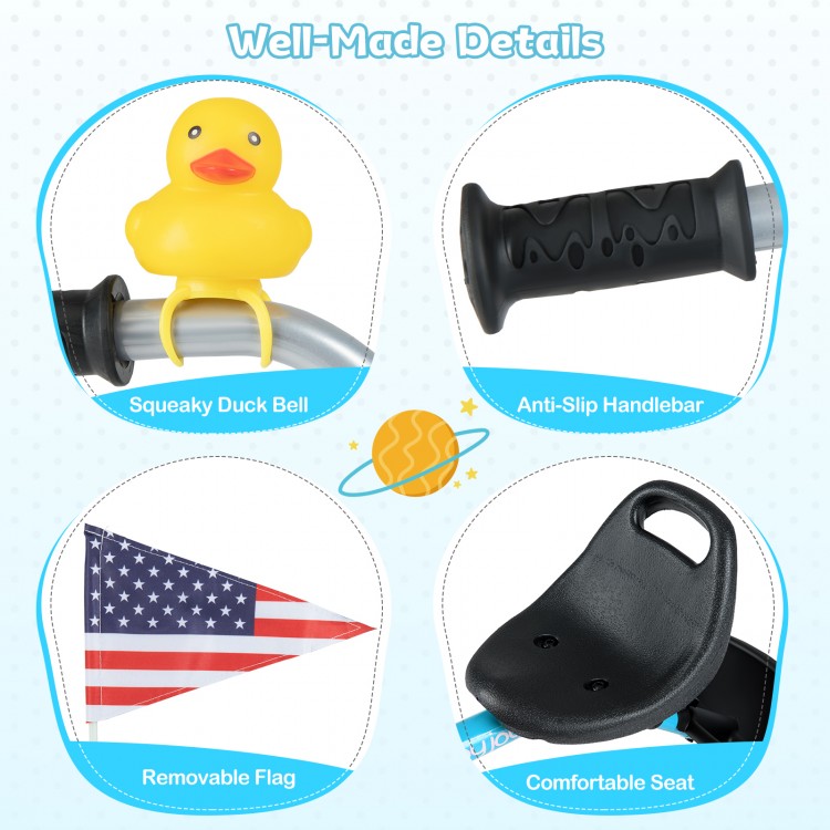 Squeaky duck bell, anti-slip handlebar, and comfortable seat details of the blue toddler tricycle with storage basket.