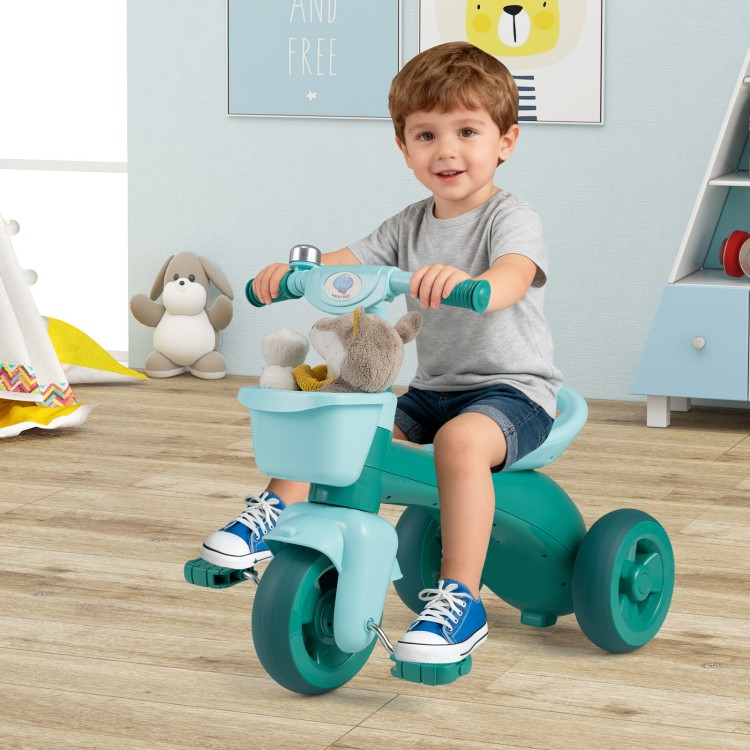 Toddler tricycle in green with front basket and bell, designed for ages 3-5, featuring anti-slip handlebars and.