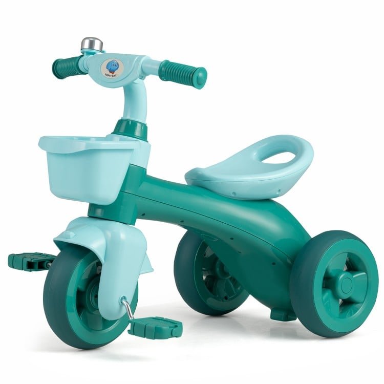 Toddler tricycle in green with limited steering, front basket, bell, and ergonomic seat for kids aged 3-5 years.