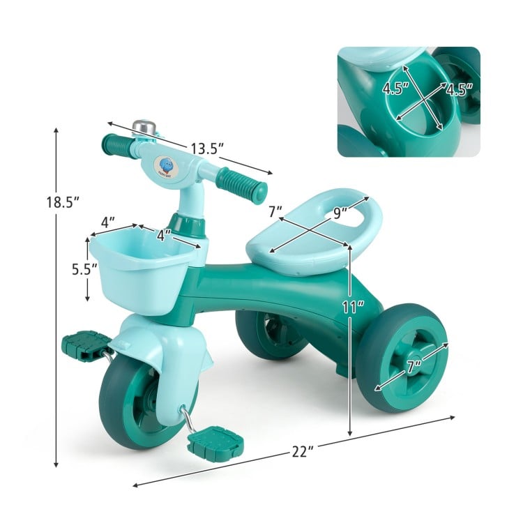 Toddler tricycle in green with anti-slip handlebars, front basket, and bell, designed for kids aged 3-5 years.