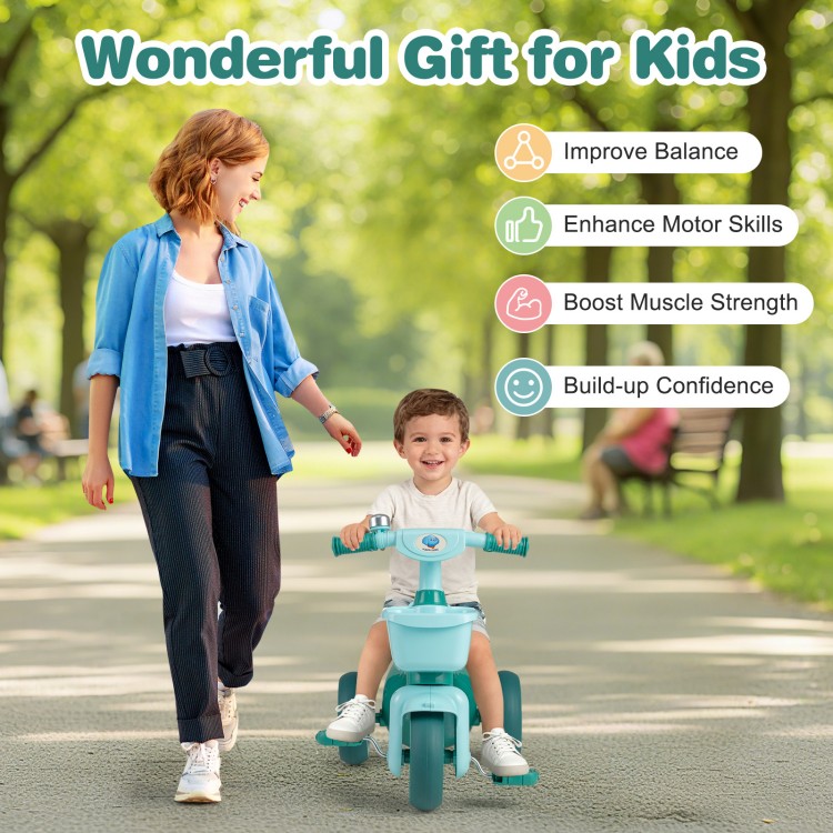 Toddler tricycle in green with front basket and bell, designed for ages 3-5, promotes balance and motor skills.