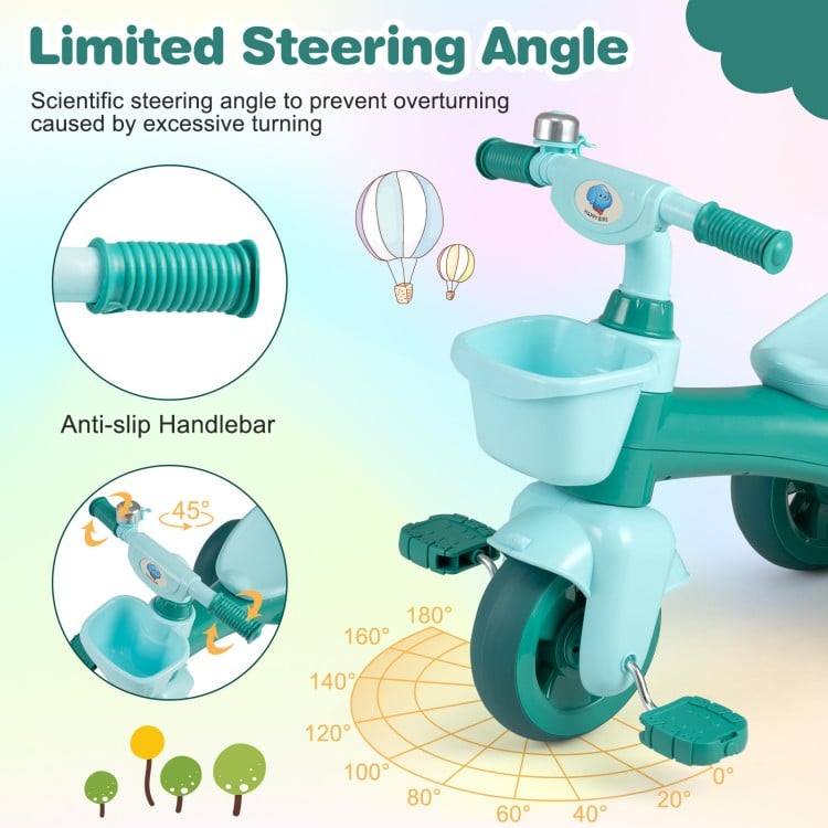 Toddler tricycle in green with limited steering angle, anti-slip handlebars, and front basket for toy storage.