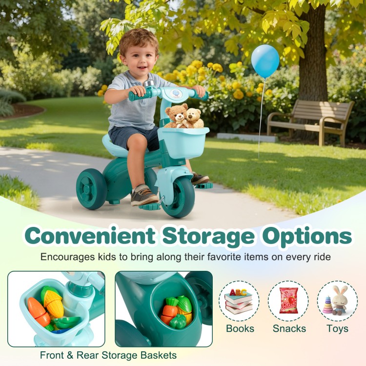Toddler tricycle in green with front and rear storage baskets, bell, and ergonomic seat for kids aged 3-5.