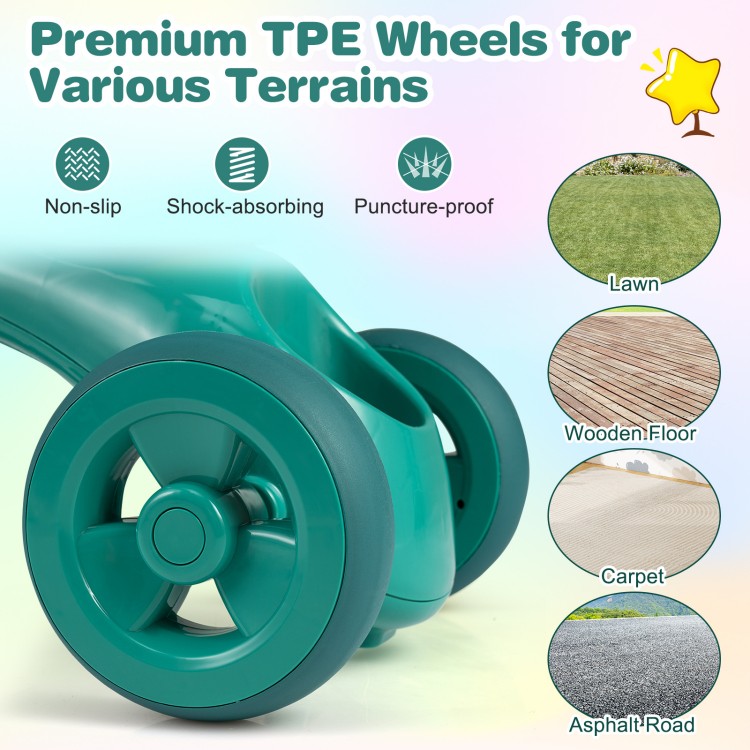 Toddler tricycle in green with TPE wheels, front basket, and bell, designed for ages 3-5 for various terrains.