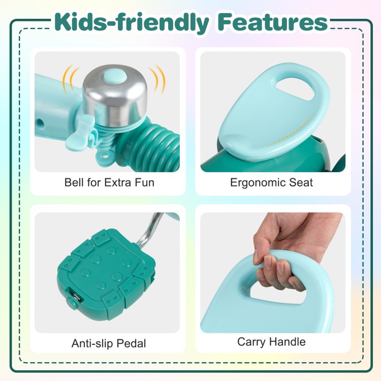 Toddler tricycle in green with ergonomic seat, anti-slip pedals, bell, and front basket for kids aged 3-5 years.