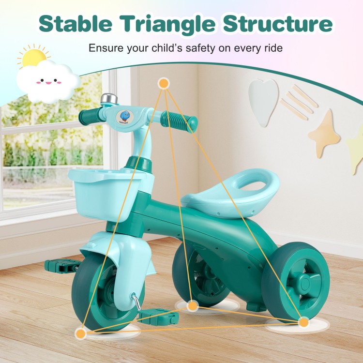 Toddler tricycle in green with limited steering, front basket, and bell, designed for safety and comfort for ages 3-5.