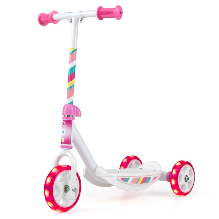 Pink toddlers kick scooter with LED light-up wheels, wide anti-slip deck, and sturdy metal frame for stability and.