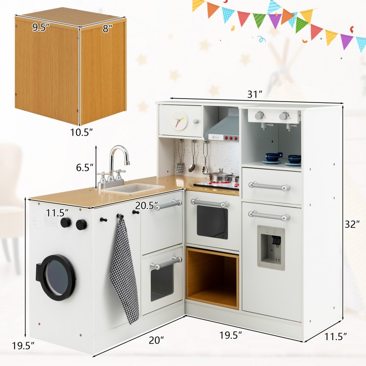 Wooden kids kitchen playset with light and sound, featuring multiple storage areas and realistic cooking accessories.