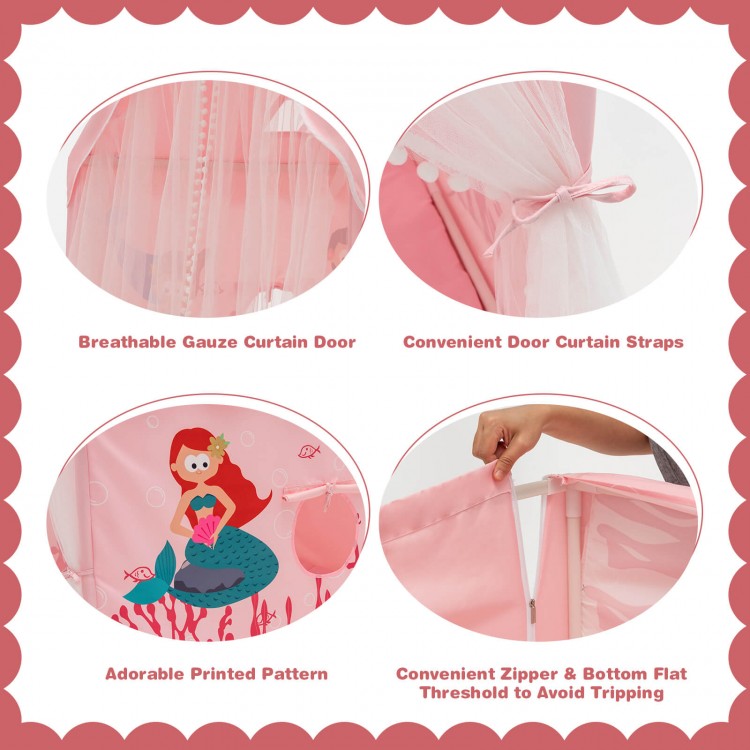 Large kids play tent in pink with breathable gauze curtain, removable mat, and colorful cartoon patterns for.