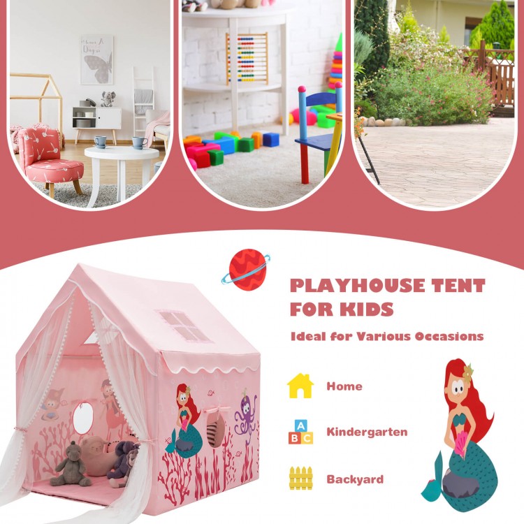Large pink kids play tent with removable mat, featuring mesh windows and cartoon patterns, ideal for home or backyard.