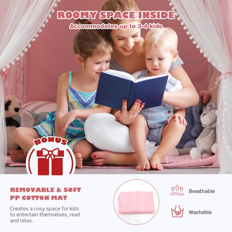 Large pink kids play tent with removable soft cotton mat, perfect for 3-4 kids to read, play, and relax.