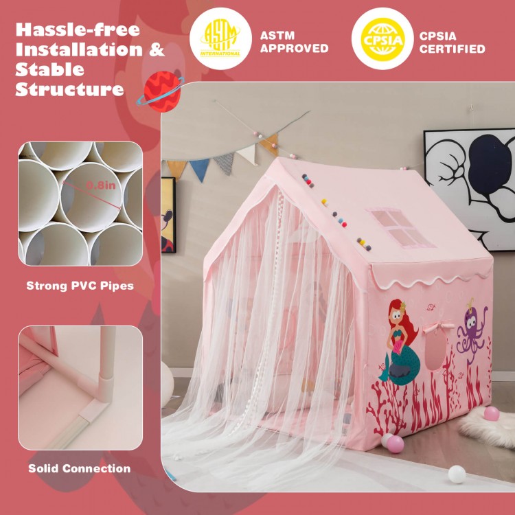 Large pink kids play tent with removable mat, breathable fabric, and mesh windows for ventilation, perfect for.