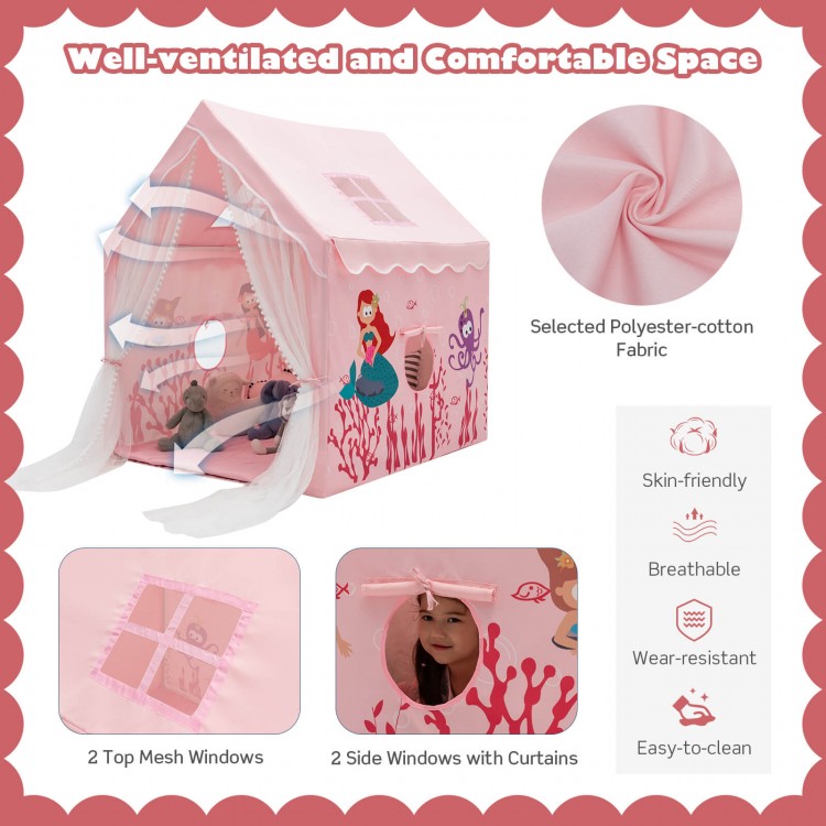 Large pink kids play tent with removable cotton mat, featuring mesh windows and a gauze curtain for ventilation and.