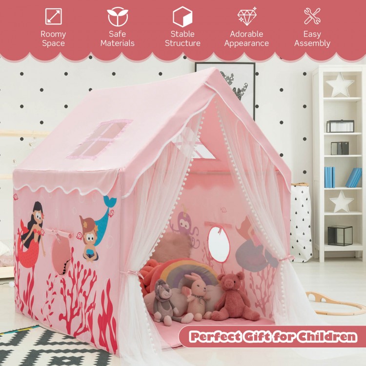 Large pink kids play tent with removable mat, featuring colorful cartoon patterns and mesh windows for ventilation.