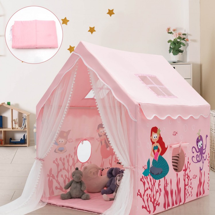 Large pink kids play tent with cartoon patterns, removable mat, and mesh windows for ventilation, perfect for.