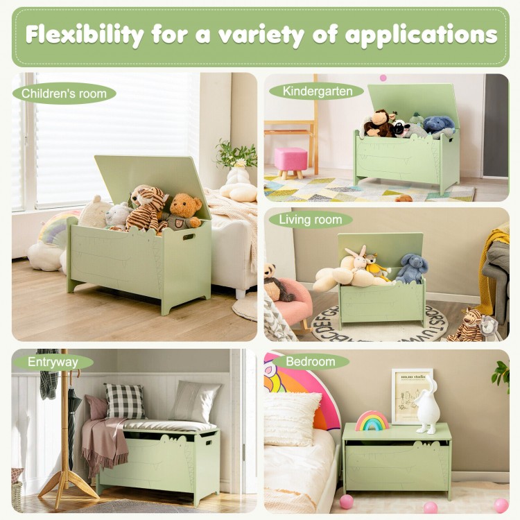 Green wooden kids toy box with safety hinge, featuring a cute crocodile shape, ideal for children's rooms and storage.