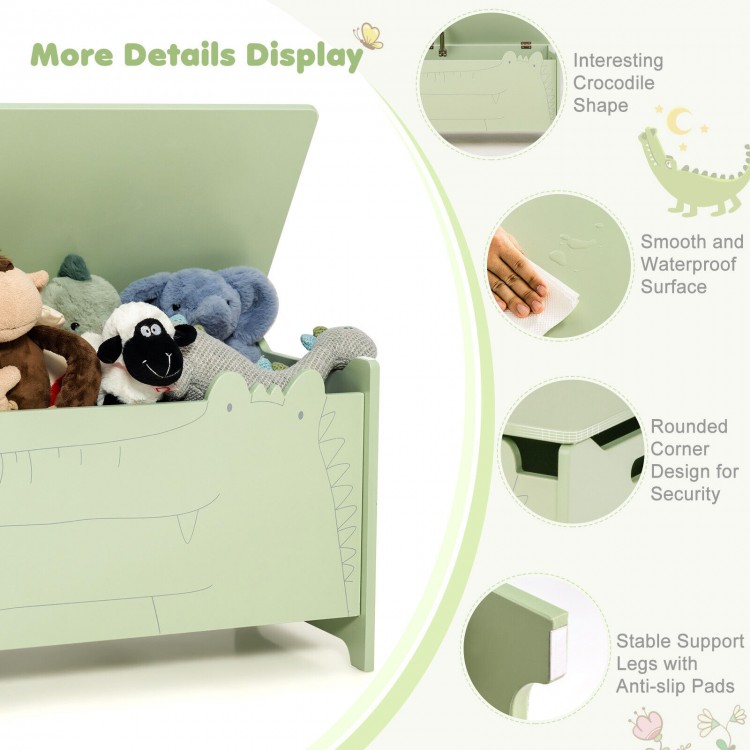 Green wooden kids toy box in a cute crocodile shape with safety hinge and waterproof surface for easy cleaning.
