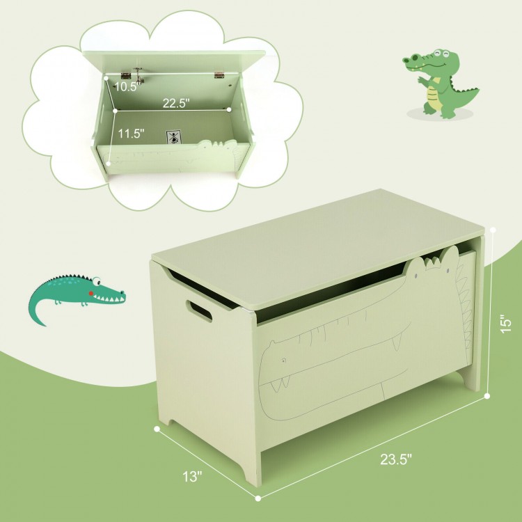 Wooden kids toy box in green with cute crocodile design, safety hinge, and handles for easy movement and storage.