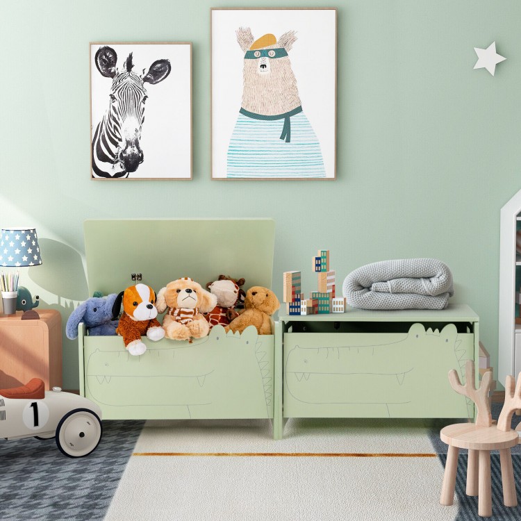 Green wooden kids toy box in crocodile shape with safety hinge, perfect for storing toys in a child's room.