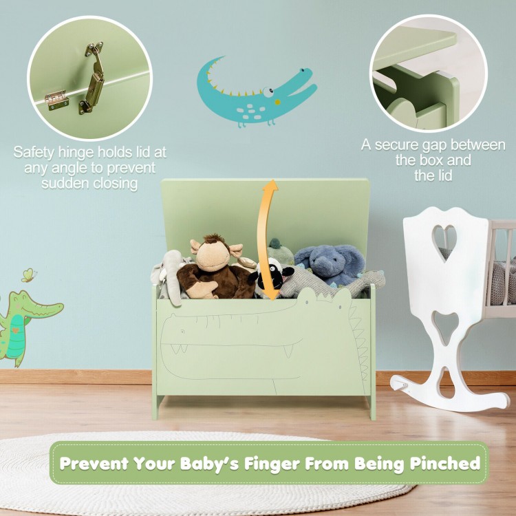Wooden kids toy box in green with cute crocodile design and safety hinge, ideal for children's rooms and easy to clean.