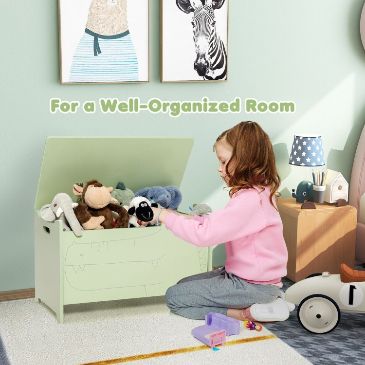 Wooden kids toy box in green with cute crocodile design, featuring safety hinge and handles for easy movement and.