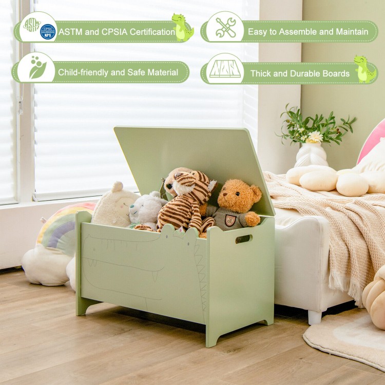 Cute green crocodile-shaped wooden kids toy box with safety hinge, ideal for children's rooms and easy to clean.