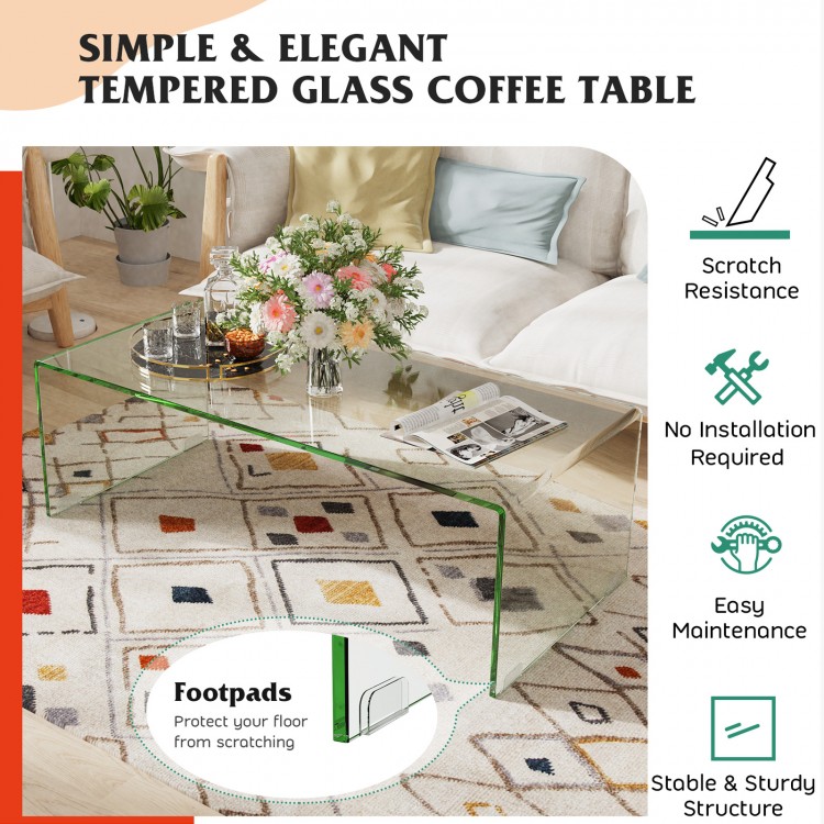 Tempered glass coffee table with rounded edges, 40 x 19.5 x 13.5 inches, ideal for a clean and elegant living room.