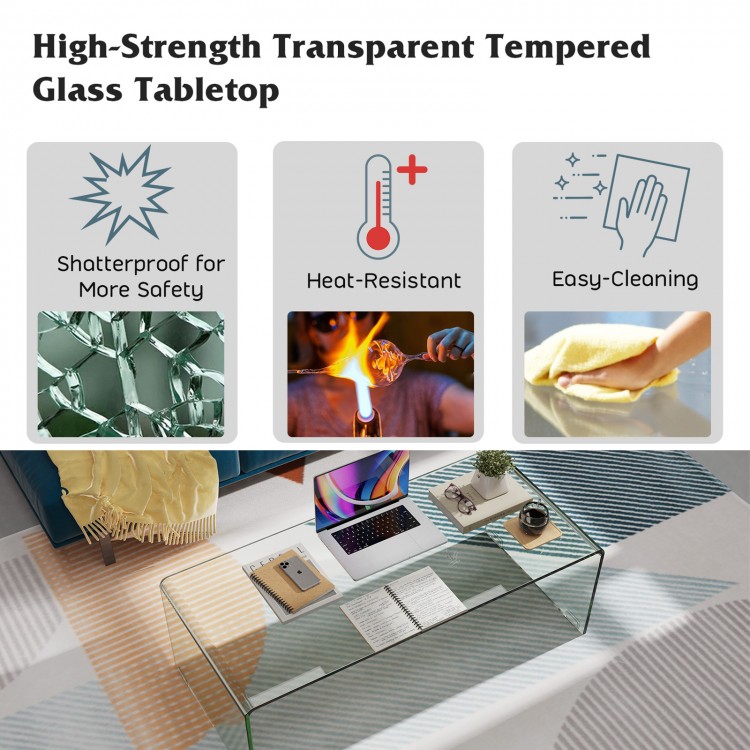Glass coffee table with rounded edges, 40 x 19.5 x 13.5 inches, featuring durable tempered glass for living room.