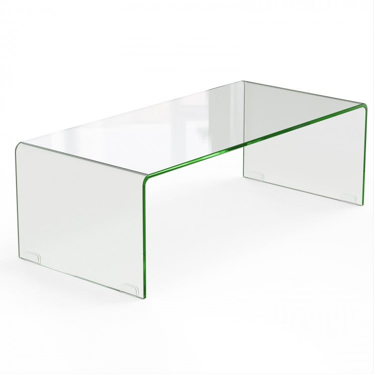 Clear tempered glass coffee table with rounded edges, 40 x 19.5 x 13.5 inches, ideal for elegant living room decor.