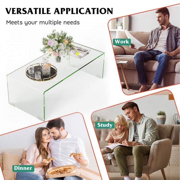 Glass coffee table with rounded edges, 40 x 19.5 x 13.5 inches, ideal for living room use and versatile applications.