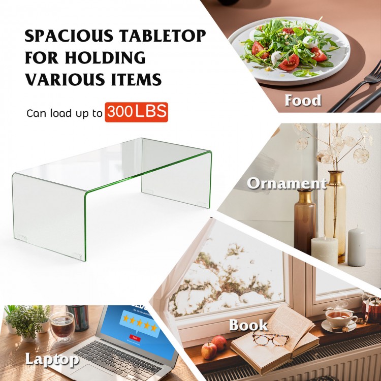 Clear tempered glass coffee table with rounded edges, 40 x 19.5 x 13.5 inches, ideal for living room use.