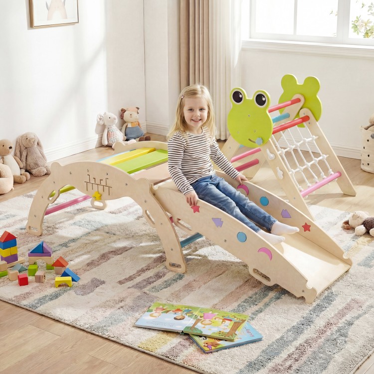 Triangle climbing set featuring a foldable jungle gym, arch ramp, and multicolor design for active play and motor skill development.
