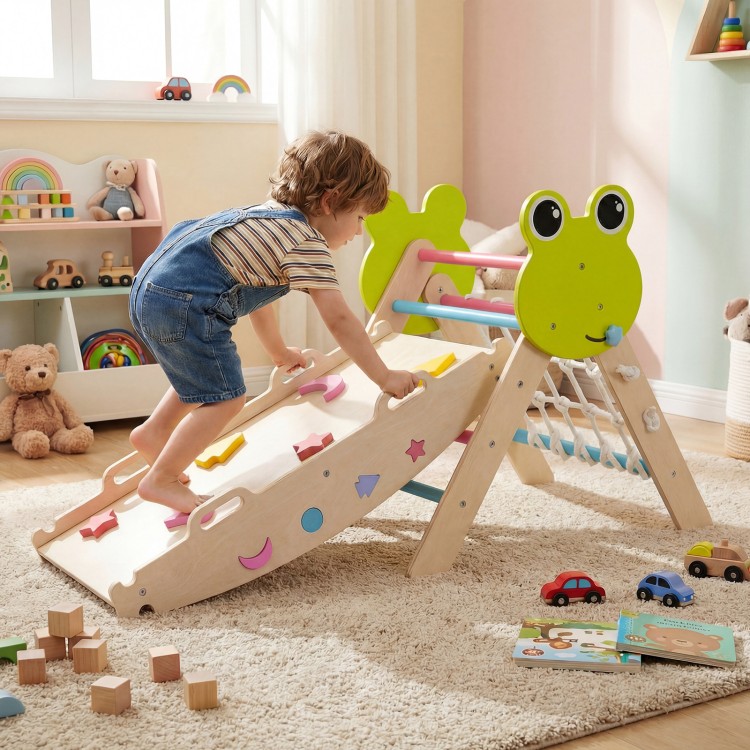 A child climbs the foldable Triangle Climbing Set with a dual-sided ramp and sturdy rope ladder for active play.
