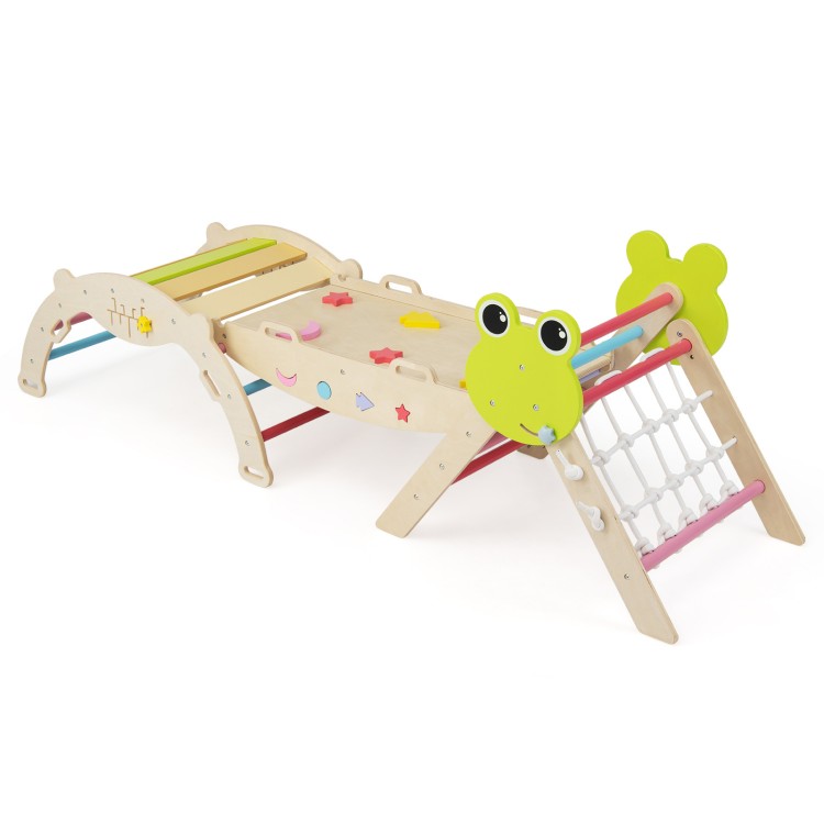 Triangle climbing set features a foldable design, sturdy wood construction, and multiple play options for kids' motor skills.