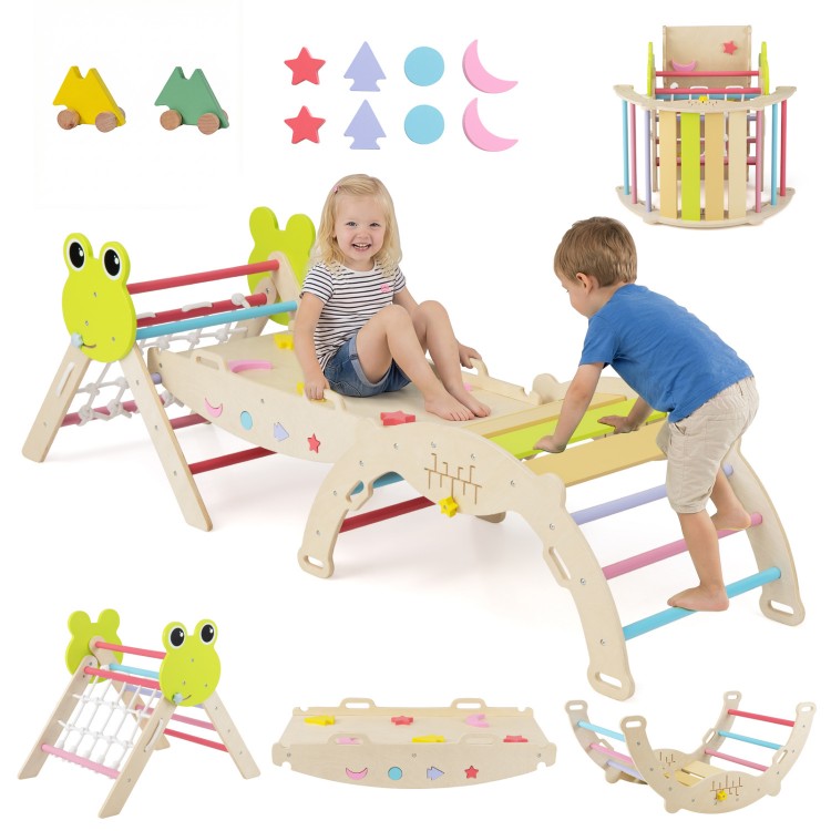 Multicolor triangle climbing set features a foldable design, sturdy wood construction, and multiple play options for kids.