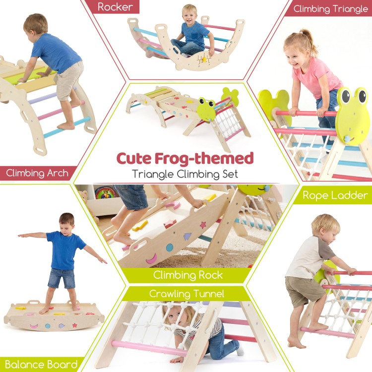 Triangle climbing set featuring a multicolor design, includes a climbing arch, ramp, and balance board for active play.